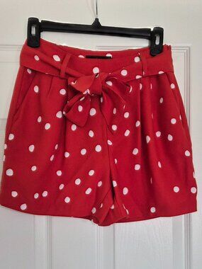 Icone Coral Red Polka Dot Shorts with Belt, Size XS